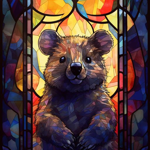 stained glass picture quokka in a dark gotihic building, quokka, dark colors, realistic ar 9:11