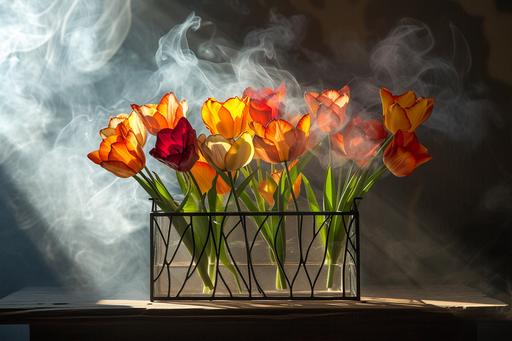 stained glass tulips marveled by Bob Snodgrass, soft lighting on a cold metal table accompanied by a thin mist of transparent smoke. --ar 3:2 --v 6.0