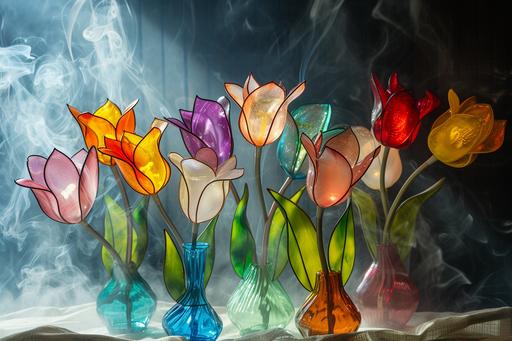 stained glass tulips marveled by Bob Snodgrass, soft lighting on a cold metal table accompanied by a thin mist of transparent smoke reminiscent of the 60s when 130mm hookah beakers were readily available. --ar 3:2 --v 6.0
