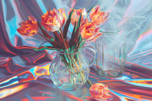 stained glass tulips marveled by Bob Snodgrass, soft lighting on a cold metal table accompanied by a thin mist of transparent smoke reminiscent of the 60s when 130mm hookah beakers were readily available. --ar 3:2 --v 6.0 --sref