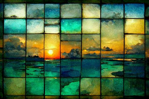 stained glass window :: sunset over coral atoll, sky like shattered stained glass, sea-green azure, kintsugi fragile gold threats --ar 3:2 --v 3