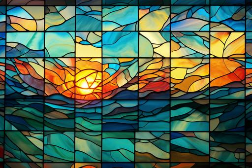 stained glass window :: sunset over coral atoll, sky like shattered stained glass, sea-green azure, kintsugi fragile gold threats --ar 3:2 --v 5.2
