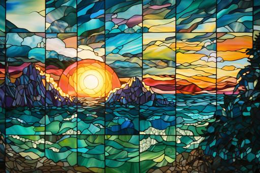 stained glass window :: sunset over coral atoll, sky like shattered stained glass, sea-green azure, kintsugi fragile gold threats --ar 3:2 --v 5.2