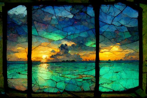 stained glass window :: sunset over coral atoll, sky like shattered stained glass, sea-green azure, fragile gold threats --ar 3:2 --v 3