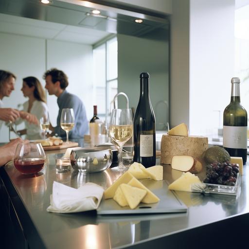 stainless steel kitchen, friends enjoying wine and cheese, shot by Juergen Teller, photorealistic, high quality, clarity, detail, Mamiya, Portra 160 --v 5