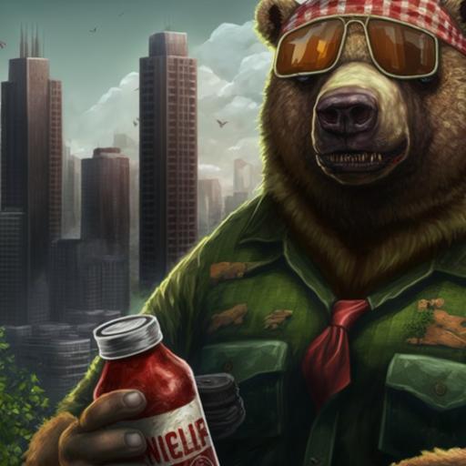 stalker tarkov Metro digital art of a realistic anthropomorphic grizzly bear with Ray-Ban sunglasses, wearing green forest camo russian tactical gear, body armor, bulletproof vest, baseball cap holding a red can of tushonka beef stew in the woods with skyscrapers in the distant background --v 4 --v 4