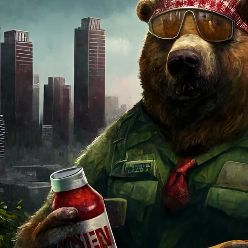 stalker tarkov Metro digital art of a realistic anthropomorphic grizzly bear with Ray-Ban sunglasses, wearing green forest camo russian tactical gear, body armor, bulletproof vest, baseball cap holding a red can of tushonka beef stew in the woods with skyscrapers in the distant background --v 4 --v 4