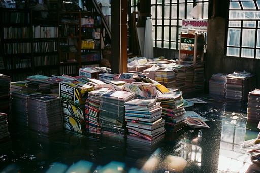 stalls with piles of old magazines at abandoned garage sale in a drowned suburb. quietude of a liminal space. wet paper floating. color photography shot on kodak portra with bubblegum colors. discoloration and ripple effects on the image --ar 3:2 --v 6.0