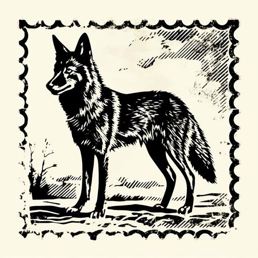 stamp silhouette of a coyote, black and white, rough edge, 4k