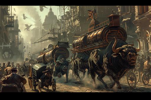 stampede as monsterous beasts of burden and carnivorous pack animals run amock in a traffic jam in a steampunk city --ar 3:2 --v 6.0