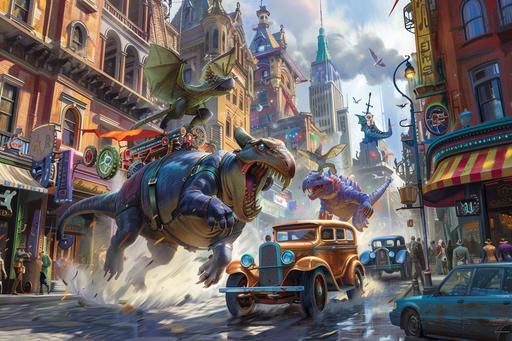 stampede as monsterous beasts of burden and carnivorous pack animals run amock in a traffic jam in a steampunk city --c 22 --ar 3:2 --v 6.0