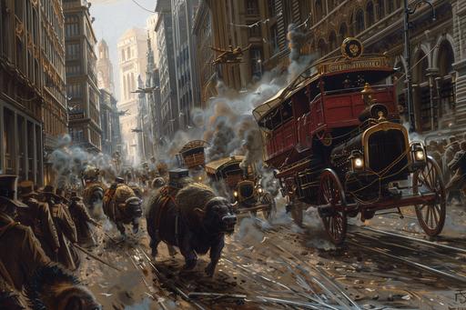 stampede as monsterous beasts of burden and carnivorous pack animals run amock in a traffic jam in a steampunk city --ar 3:2 --v 6.0
