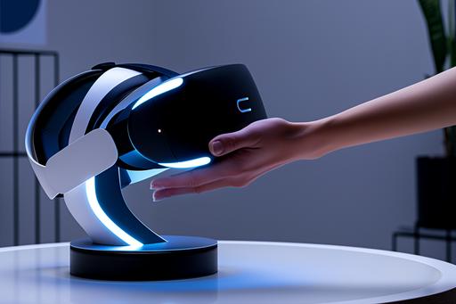 stand attached to device, a hand reaching for a slim profile modern vr headset on a cylinder stand, black visor, hud, slim profile concept headset, with highend features, on a stand --s 50 --v 6.0 --ar 3:2
