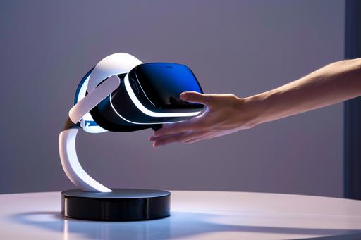 stand attached to device, a hand reaching for a very slim profile modern vr headset on a cylinder stand, black visor, hud, slim profile concept headset, with highend features, on a stand --s 50 --v 6.0 --ar 3:2