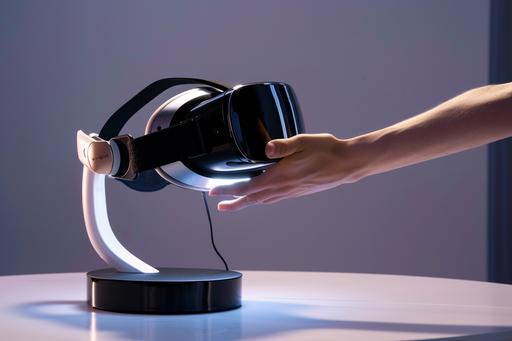 stand attached to device, a hand reaching for a very slim profile modern vr headset on a cylinder stand, black visor, hud, slim profile concept headset, with highend features, on a stand --s 50 --v 6.0 --ar 3:2
