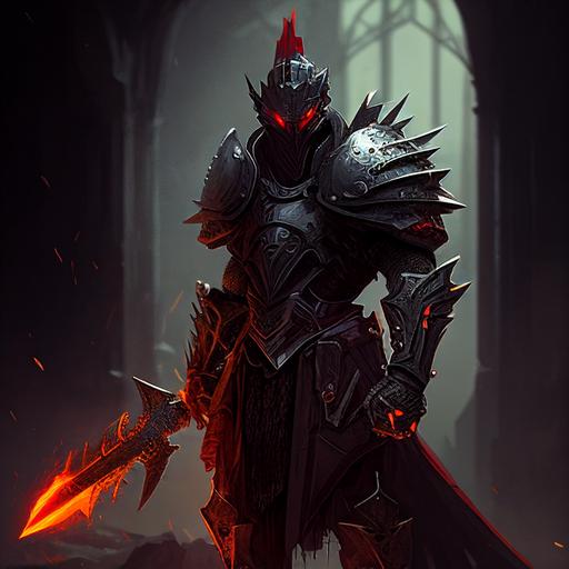 stands tall and menacing, his black armor glinting in the dim light. In his right hand, he holds a massive mace made of black metal, which he swings back and forth with ease. The spikes on the mace catch the light, making it look even more deadly. His red eyes glint with malice as he surveys the battlefield, looking for his next victim. The crown on his head seems to add to his aura of power, making him appear almost invincible. Those who stand in his way know that they are no match for this evil king and his deadly mace