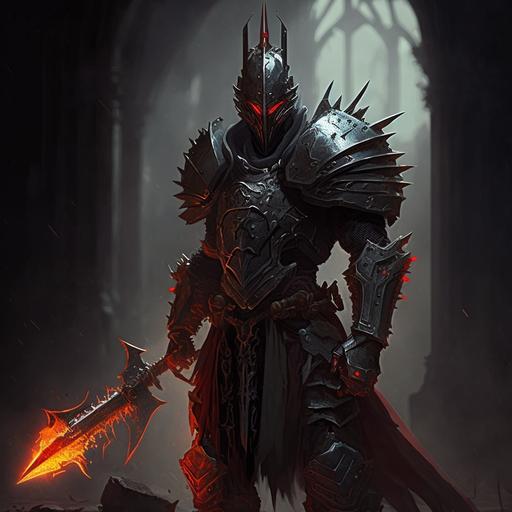 stands tall and menacing, his black armor glinting in the dim light. In his right hand, he holds a massive mace made of black metal, which he swings back and forth with ease. The spikes on the mace catch the light, making it look even more deadly. His red eyes glint with malice as he surveys the battlefield, looking for his next victim. The crown on his head seems to add to his aura of power, making him appear almost invincible. Those who stand in his way know that they are no match for this evil king and his deadly mace