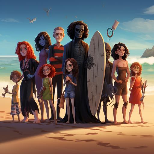 stanind in a row is jason from friday the 13th with freddie cregor with penny wise with evil leperchaun with count dracula with headless horseman with 2 witches with ghosts with frankenstein in form of pixar disney characters at a beach, some holding surfboards, kid friendly