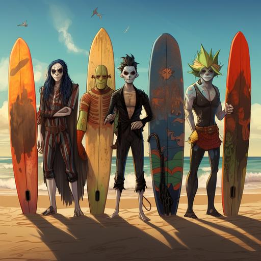 stanind in a row is jason from friday the 13th with freddie cregor with penny wise with evil leperchaun with count dracula with headless horseman with 2 witches with ghosts with frankenstein in form of pixar disney characters at a beach, some holding surfboards, kid friendly