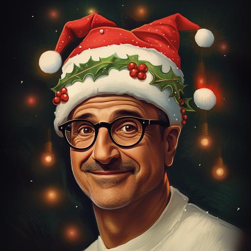 stanley tucci wearing a christmas hat and holding a margherita pizza cartoon