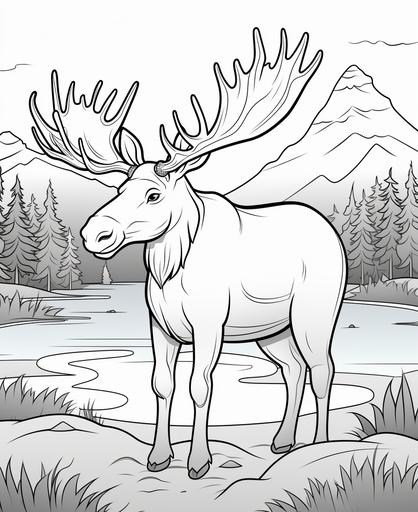 coloring page for kids, Moose, cartoon style, using black and white only, thick lines, low detail, simple picture, no shading --ar 9:11