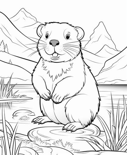 coloring page for kids, baby Beaver near water, cartoon style, using black and white only, thick lines, low detail, simple picture, no shading --ar 9:11