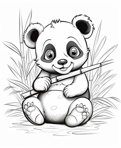 coloring page for kids, baby Panda eating bamboo, cartoon style, using black and white only, thick lines, low detail, simple picture, no shading --ar 9:11