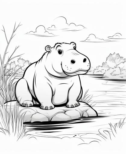 hippo, at the riverside, sitting hippo, cartoon style, using black and white only, cute face, coloring page for kids, thick lines, low detail, only sketch, no shading --ar 9:11