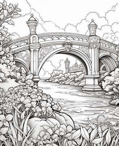 A bridge adorned with daisy chains and floral arches for coloring book for adult, no background, no shade, --ar 9:11