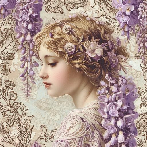 star sign, godess, divine, astrological, floral wisteria design, rococo lace background, pastel colors, --v 6.0 --s 400 --c 5