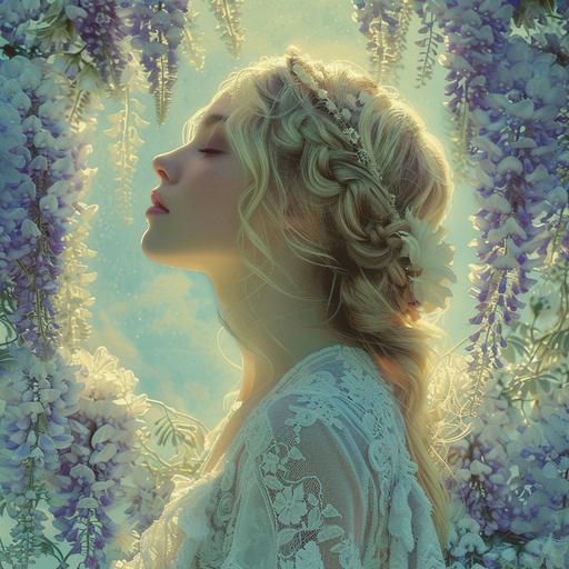 star sign, godess, divine, astrological, floral wisteria design, rococo lace background, pastel colors, --v 6.0 --s 400 --c 5