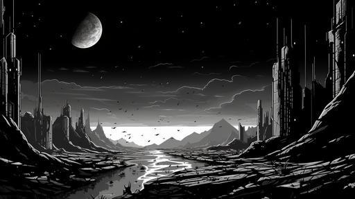 star trek federation city on mars landscape with meteors falling, cartoon style, manga inspired, black and white, --ar 16:9
