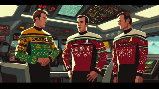 star trek officers wearing ugly sweaters standing in the starship bridge, realistic cartoon, ugly Christmas sweaters, ugliest sweaters you have ever seeeeen --ar 16:9 --v 6.0