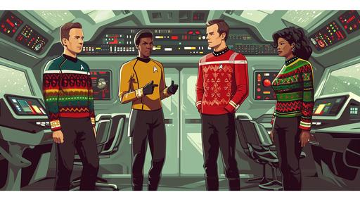 star trek officers wearing ugly sweaters standing in the starship bridge, realistic cartoon, ugly Christmas sweaters, ugliest sweaters you have ever seeeeen --ar 16:9 --v 6.0