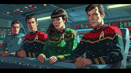star trek officers wearing ugly sweaters standing in the starship bridge, realistic cartoon, ugly Christmas sweaters, ugliest sweaters you have ever seeeeen --ar 16:9 --v 6.0 --c 15 --s 200