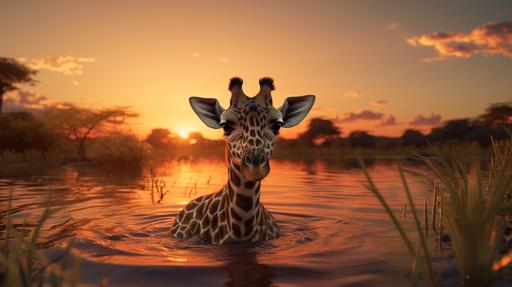 Realistic 4k photo, general shot, baby giraffe drinking water from a lake, sunset, savannah setting --ar 16:9