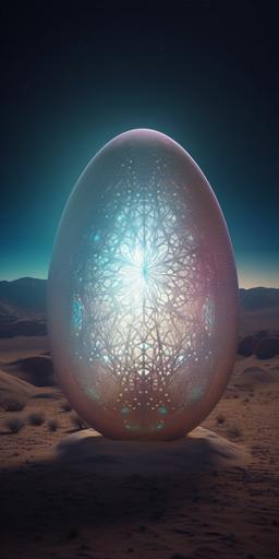 stargazing ghost egg in the shape of a spherical egg under a delicate curtain. lots of details and a delicate patterned pattern on the ghost's curtain. light coming from the interior and additional warm multicolored lighting on the back and sides. The atmospheric environment of the Nevada desert. Very realistic 3D projection in high 8K resolution. Background blur effects, dust particles floating in the air have been applied. Impressive personification of the ghost egg --ar 1:2 --v 5