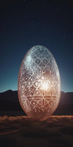 stargazing ghost egg in the shape of a spherical egg under a delicate curtain. lots of details and a delicate patterned pattern on the ghost's curtain. light coming from the interior and additional warm multicolored lighting on the back and sides. The atmospheric environment of the Nevada desert. Very realistic 3D projection in high 8K resolution. Background blur effects, dust particles floating in the air have been applied. Impressive personification of the ghost egg --ar 1:2 --v 5