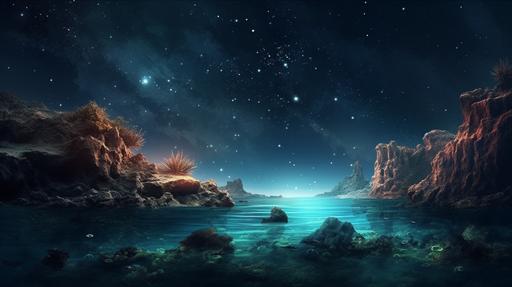 stargazing under the sea. desktop background wallpaper --ar 16:9 --s 1000 --q 2 --v 5
