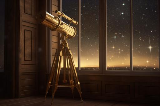 stargazing with an old golden star telescope stands at a modern wide open window, night, stars, star nebula outside, octane render, crisp quality, --ar 3:2 --v 5