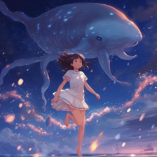 starry sky,a girl running,white skirt,jelly fish,whale,anime style,makoto shinkai style--v 5.1