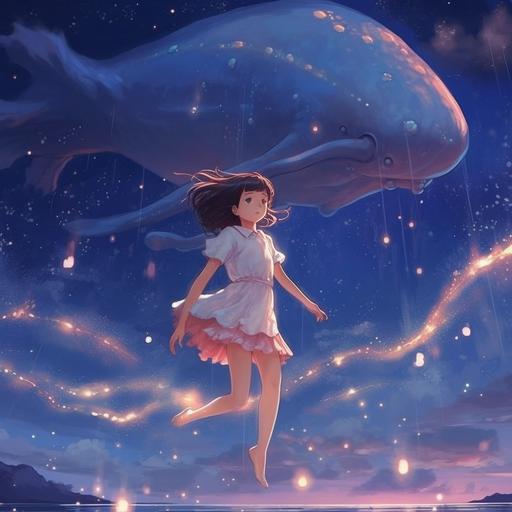 starry sky,a girl running,white skirt,jelly fish,whale,anime style,makoto shinkai style--v 5.1