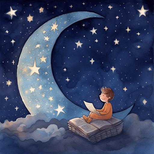 stars, night sky, crescent moon, childrens book cartoon --v 5