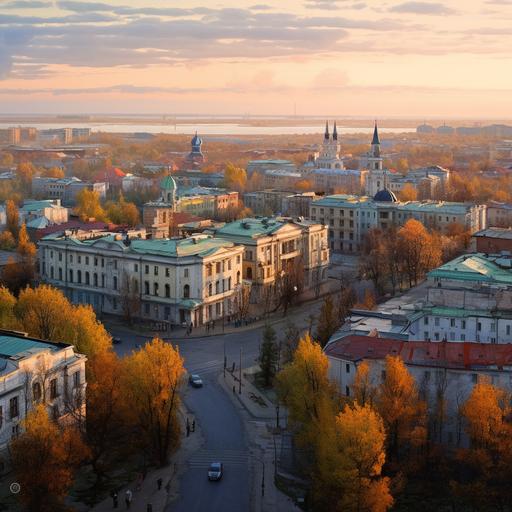 a beautiful and somewhat autumnal city of omsk from a bird's eye view in the style of Alois Arnegge and rembrandt, narrow streets, colorful and little bit sadness and melancholy, album cover, dufay color ::1