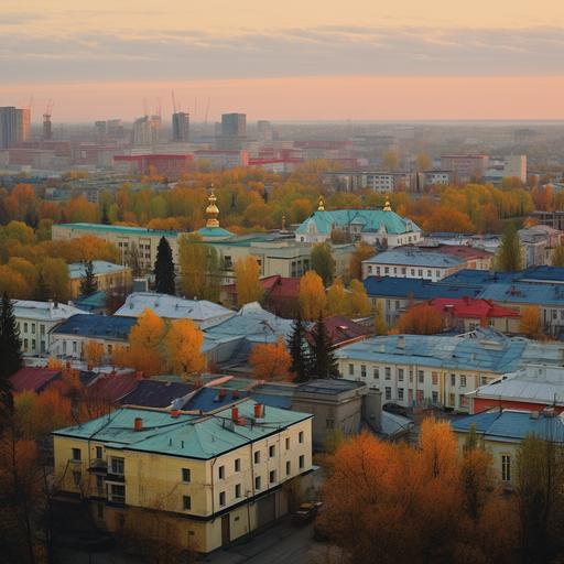 a beautiful and somewhat autumnal city of omsk from a bird's eye view in the style of Alois Arnegge and rembrandt, narrow streets, colorful and little bit sadness and melancholy, album cover, dufay color ::1