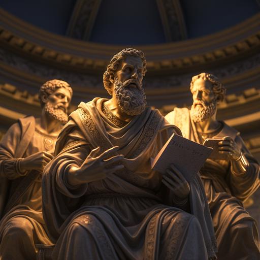 statue plato, aristotle and saint augustine, cinematic 4k lighting, dramatical, golden and black lights, oil painting, 8k, very detailed, photorealism, — ar 4:5