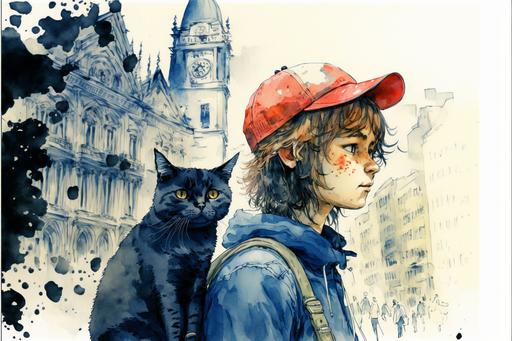 staying in the middle of a big city and dont know what to do | in center 20 years old jesus in blue jeans and white shirt and a black cat with red beany hat | studio ghibli europe style childbook illustration, by astrid lindgren, watercolor, particles --v 4 --ar 3:2