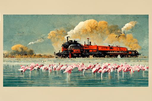 steam locomotive train running by a salt lake, morning, flamingos, landscape, in vintage poster style, --ar 3:2