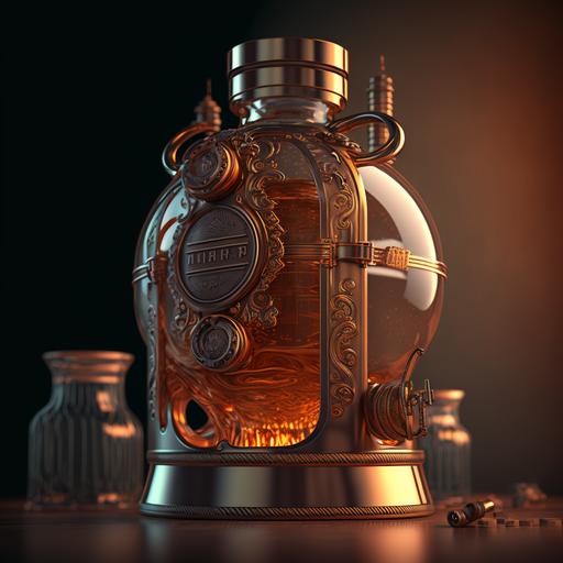 steam punk, copper pot still, whiskey making, futuristic, 4k, octane render, whisky, photo realistic  potion label in borocco style --v 4