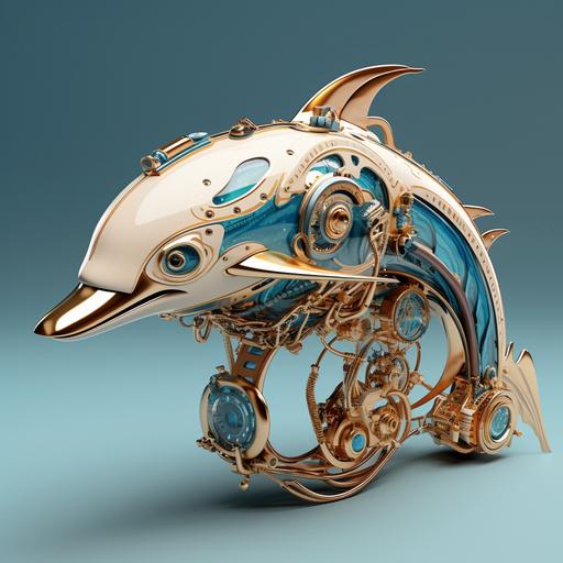 steam punk, dolphin toy, in the style of alfaphonse Mucha